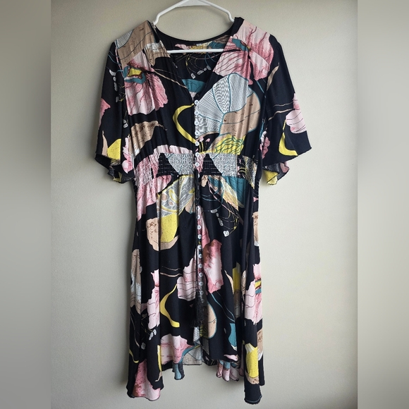 Womens Vintage Boho Button Up Split Floral Print Flowy Party Dress Floral Pink  - Picture 3 of 12